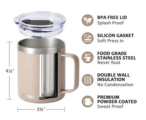 SUNWILL lid with silicone gasket provides spill-safety and smooth sliding cover.