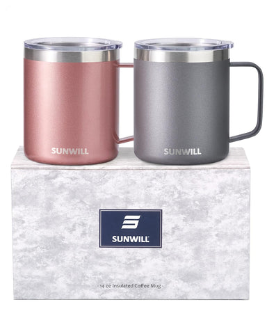 SUNWILL travel mug with lid in cool grey and rose gold for stylish on-the-go use.