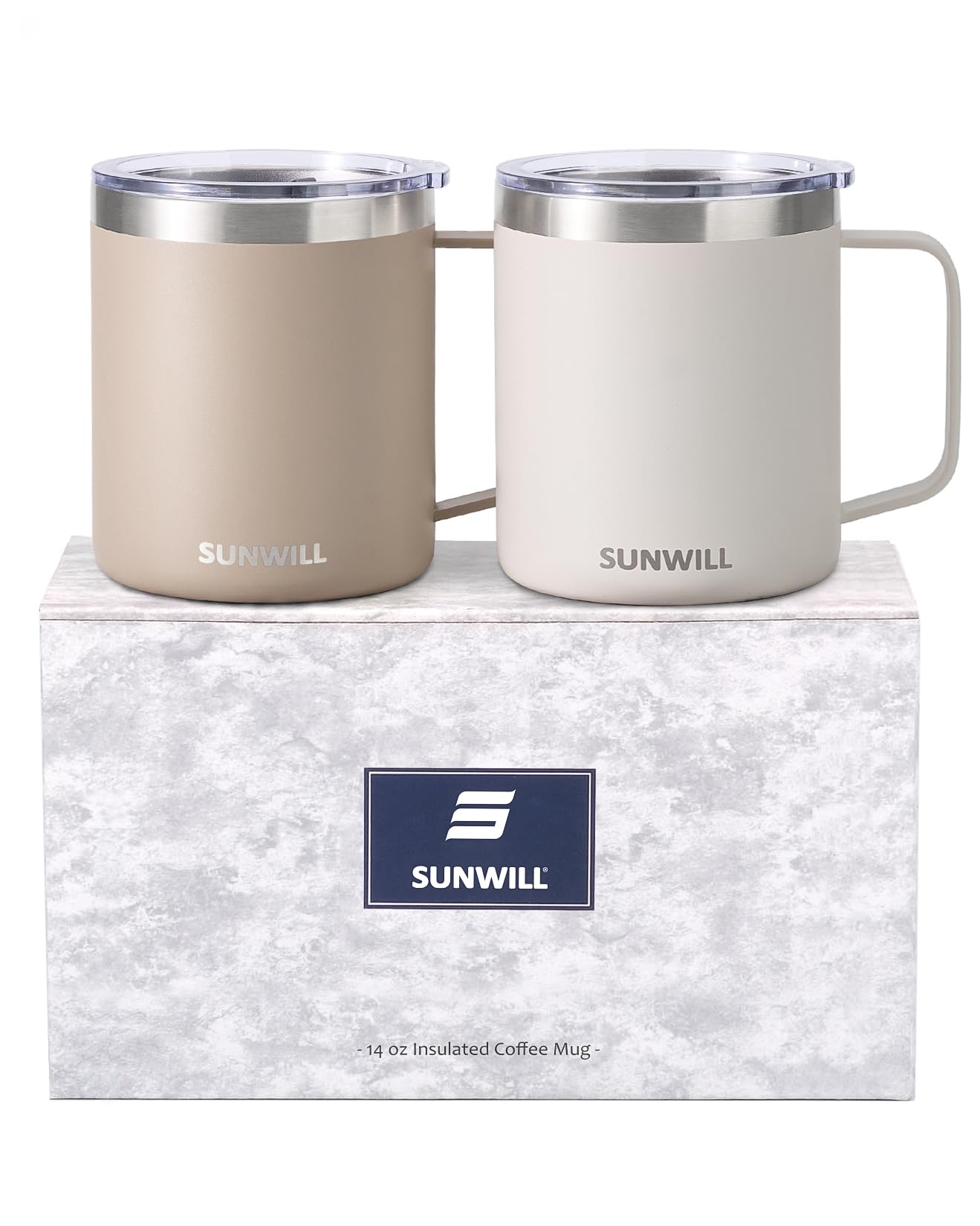 SUNWILL travel mug set cream taupe front view with easy grip handle for on the go sipping