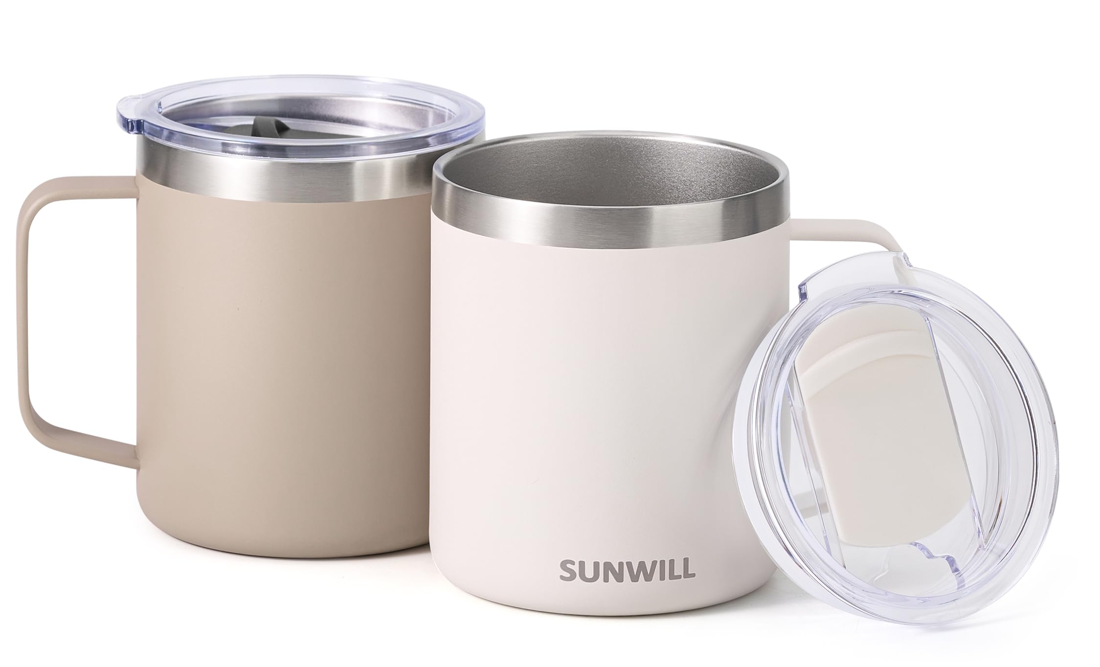 SUNWILL travel mug set cream taupe side view showing ergonomic handle for daily use