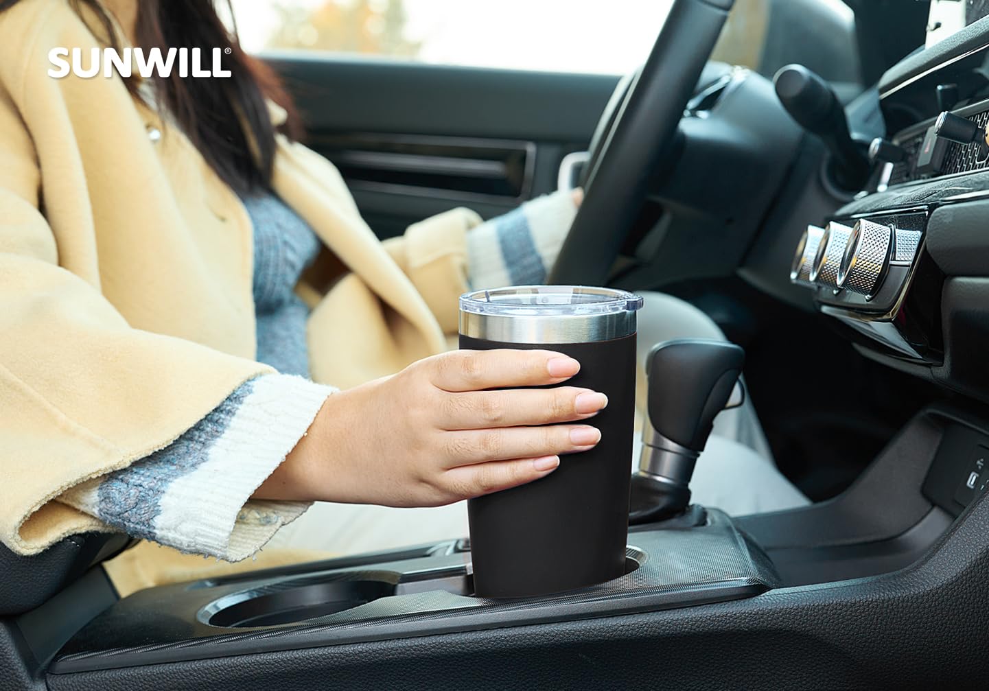 SUNWILL car-cup-holder-friendly tumbler fits most vehicle cup holders securely