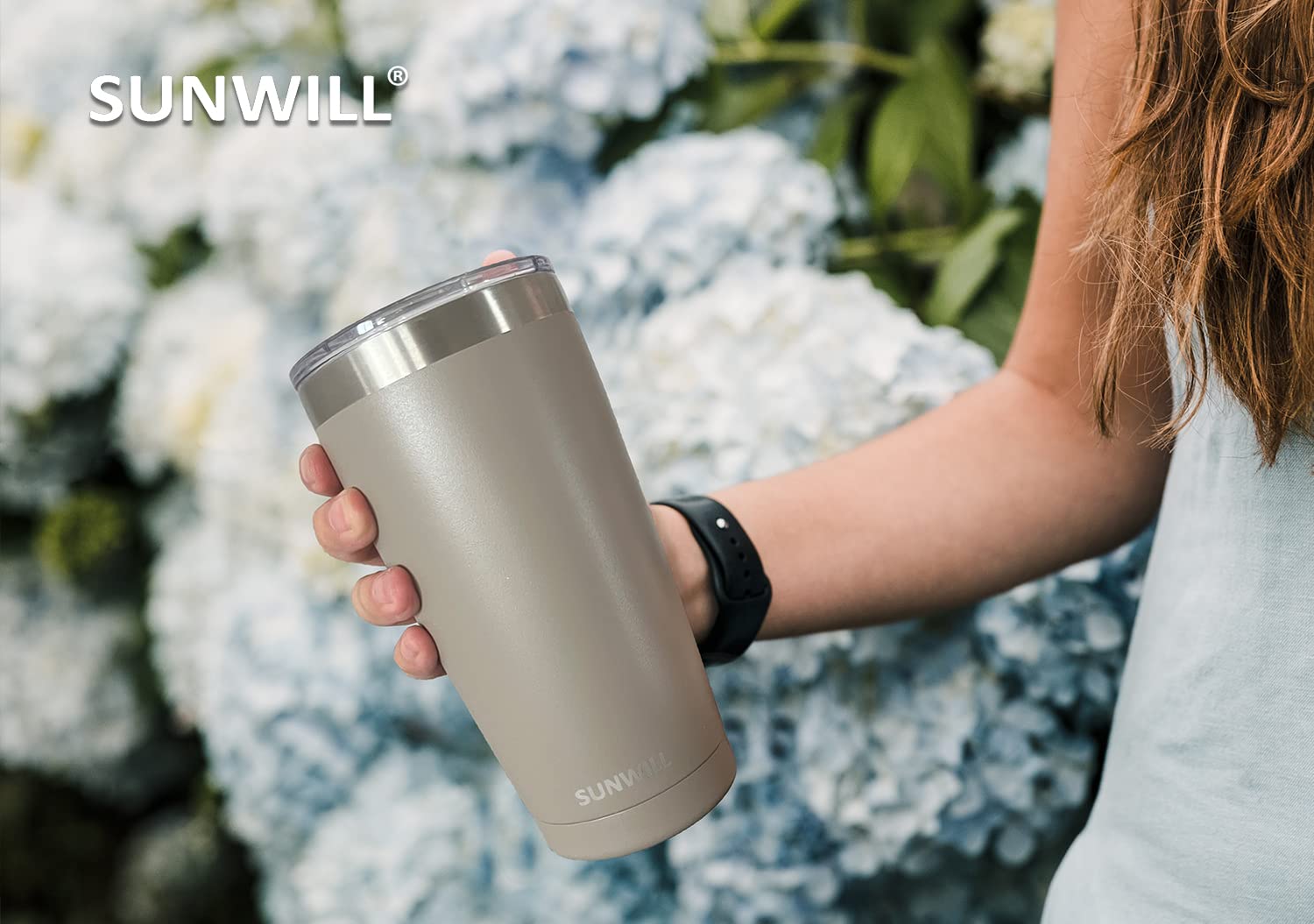 SUNWILL Travel Coffee Tumbler 20 oz double-wall insulation keeps drinks at temp.
