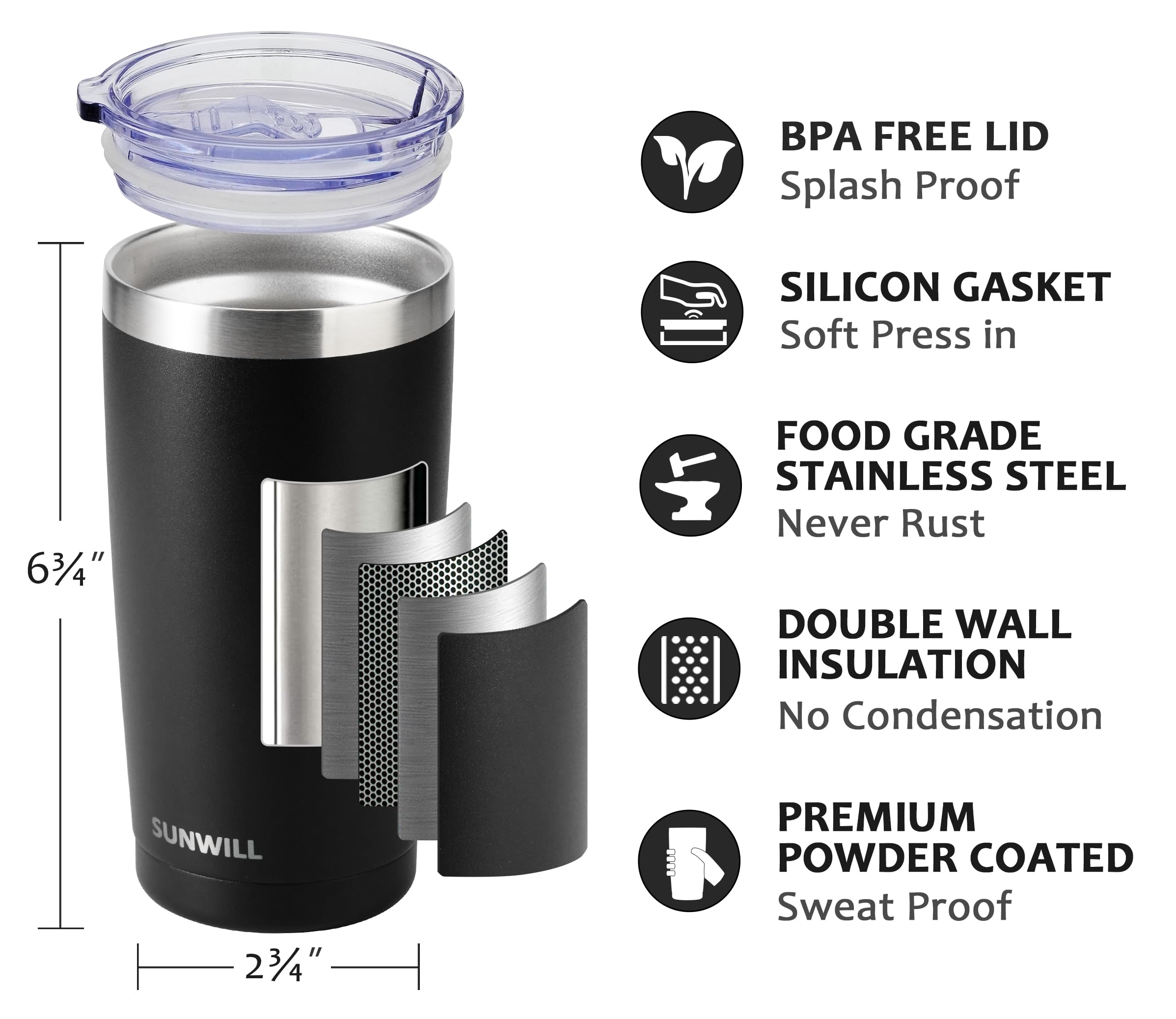 SUNWILL 20 oz tumbler with double-wall insulation preserves hot or cold drinks on hikes