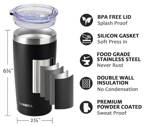 SUNWILL 20 oz tumbler with double-wall insulation preserves hot or cold drinks on hikes