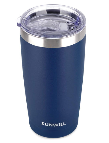 SUNWILL Travel Coffee Tumbler 20oz front view with navy powder coat and easy grip
