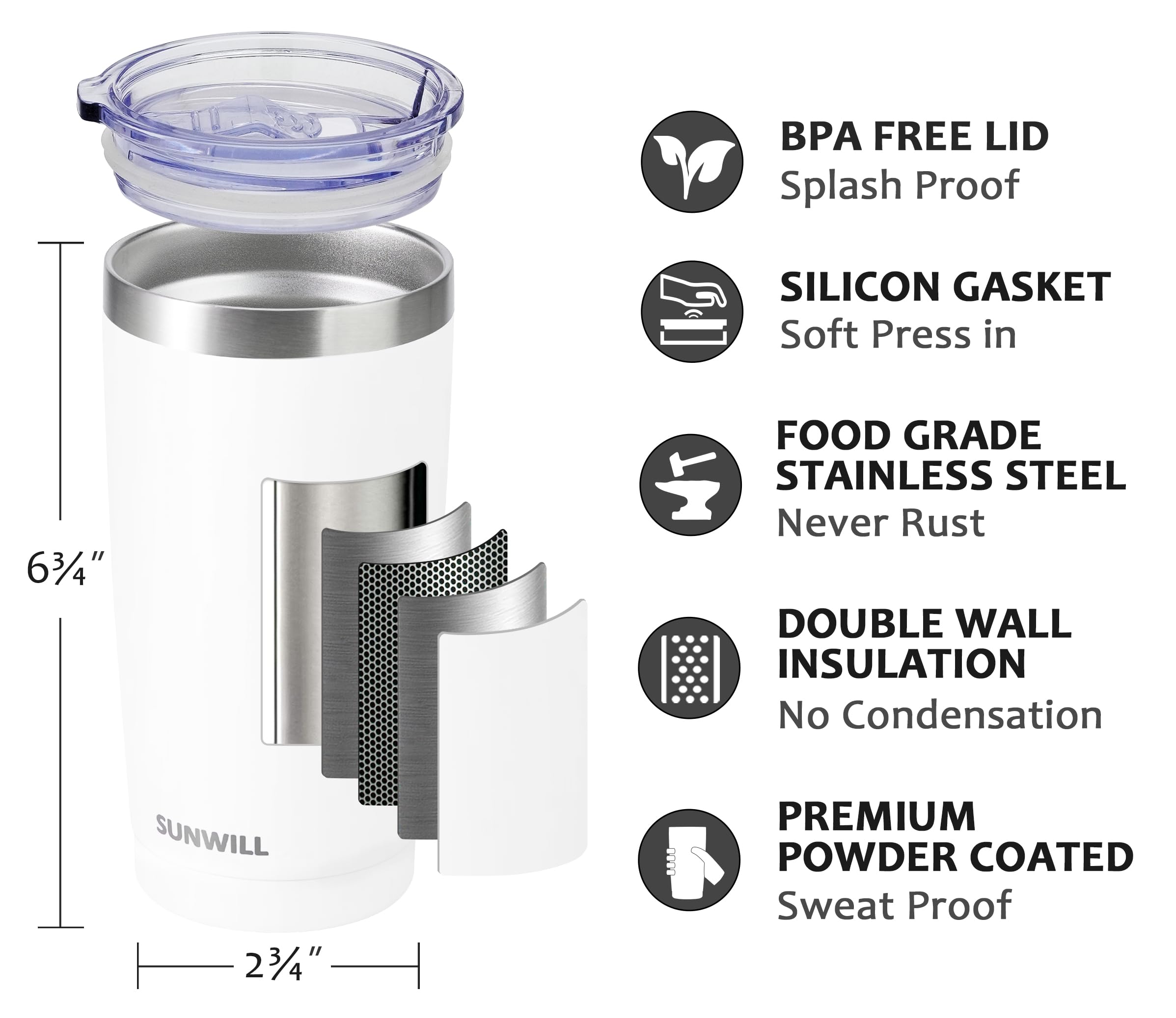 SunWill Travel Coffee Tumbler 20oz insulation keeps beverages hot for hours