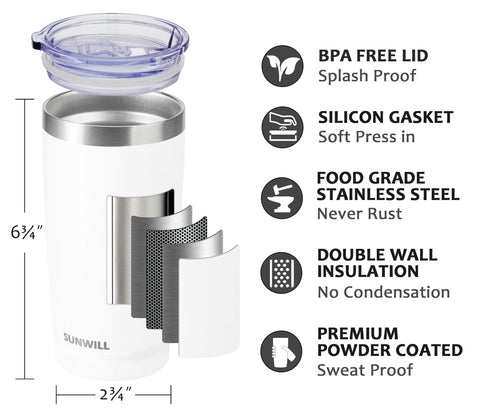SunWill Travel Coffee Tumbler 20oz insulation keeps beverages hot for hours