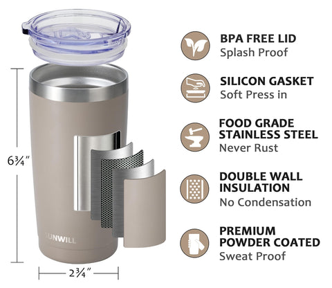 SUNWILL Travel Coffee Tumbler 20 oz lid close-up showing spill-proof seal.