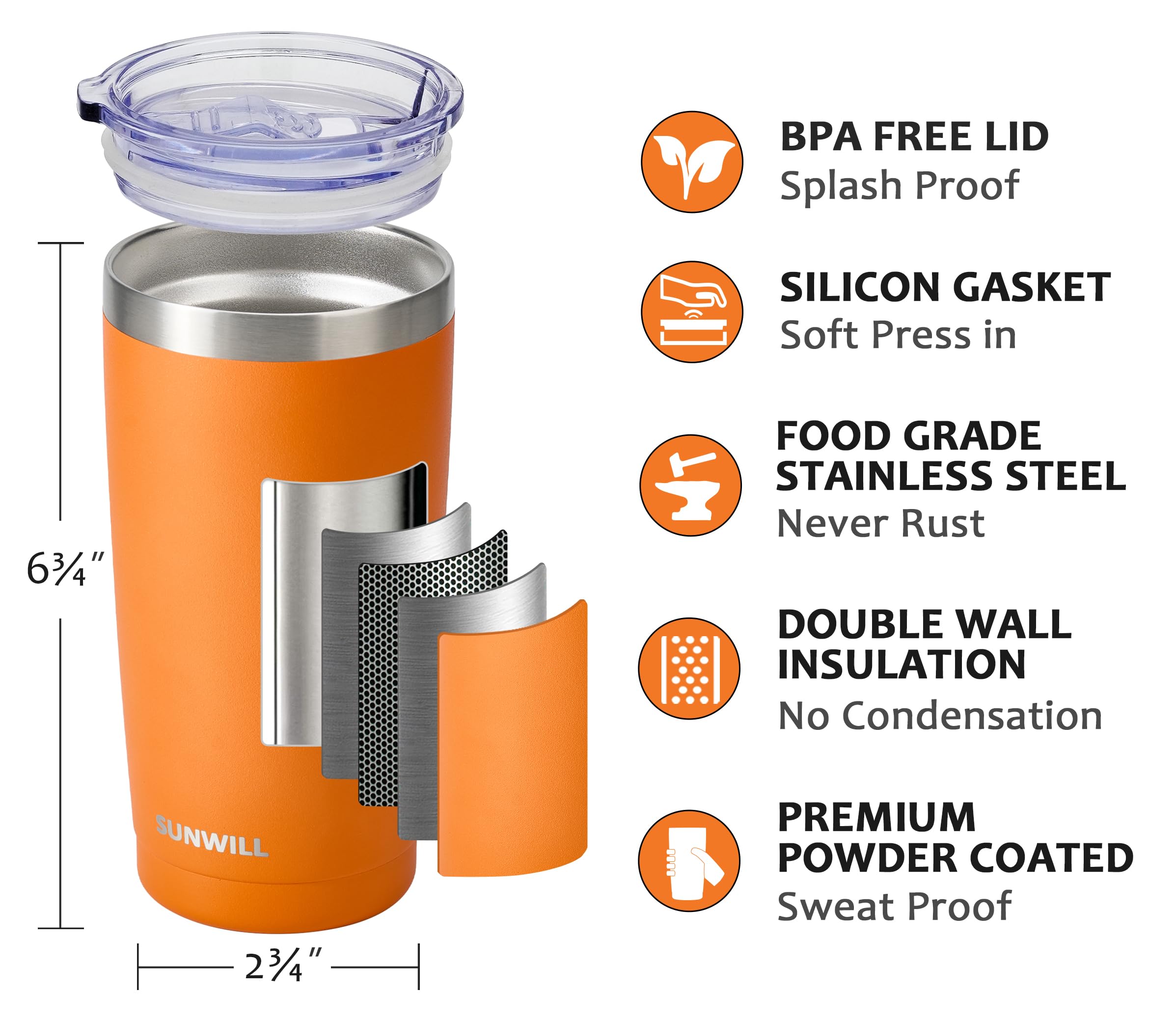 SUNWILL Travel Coffee Tumbler 20 oz lid open showing spill-proof sipping hole