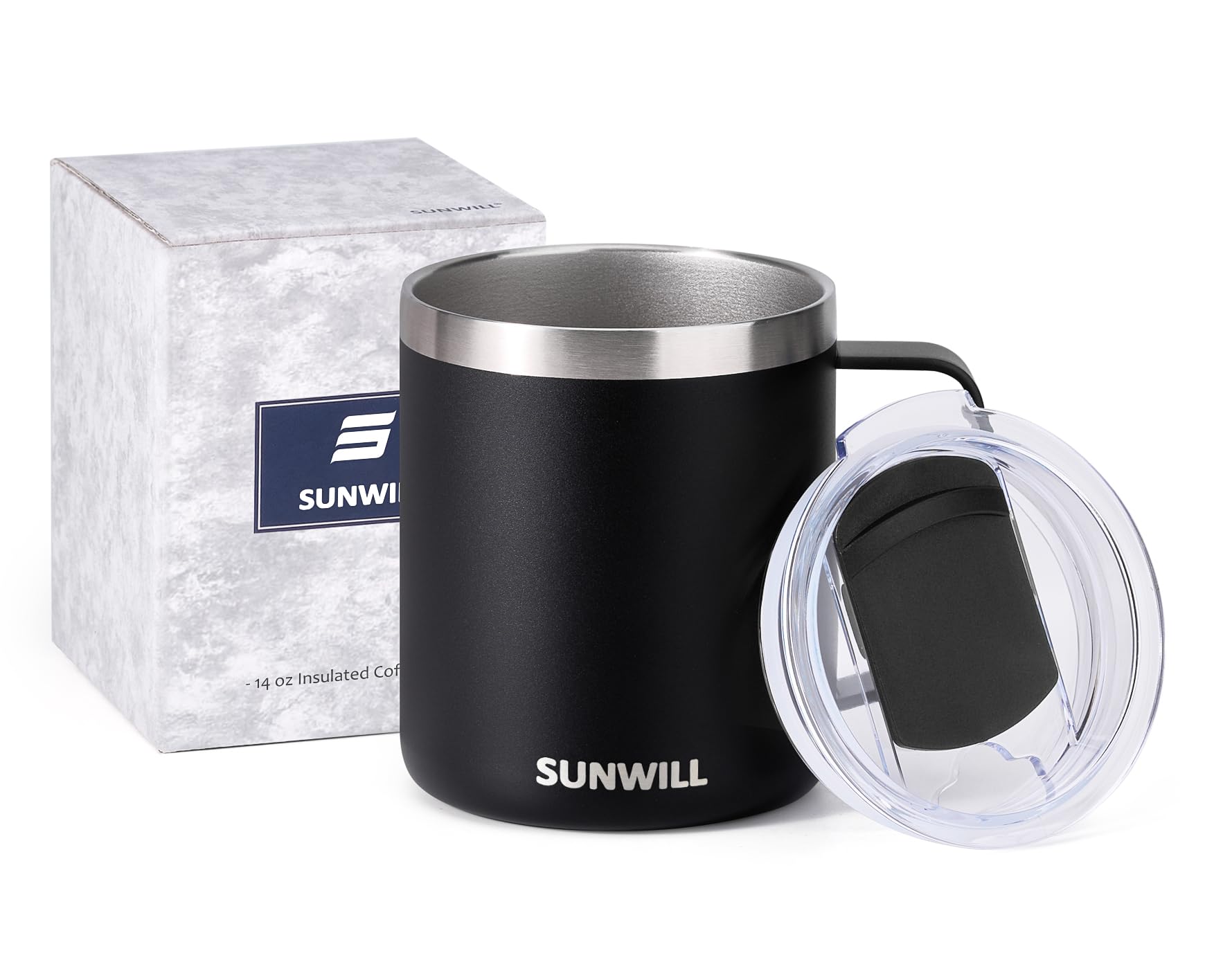 SUNWILL travel mug with ergonomic handle for easy, secure gripping.