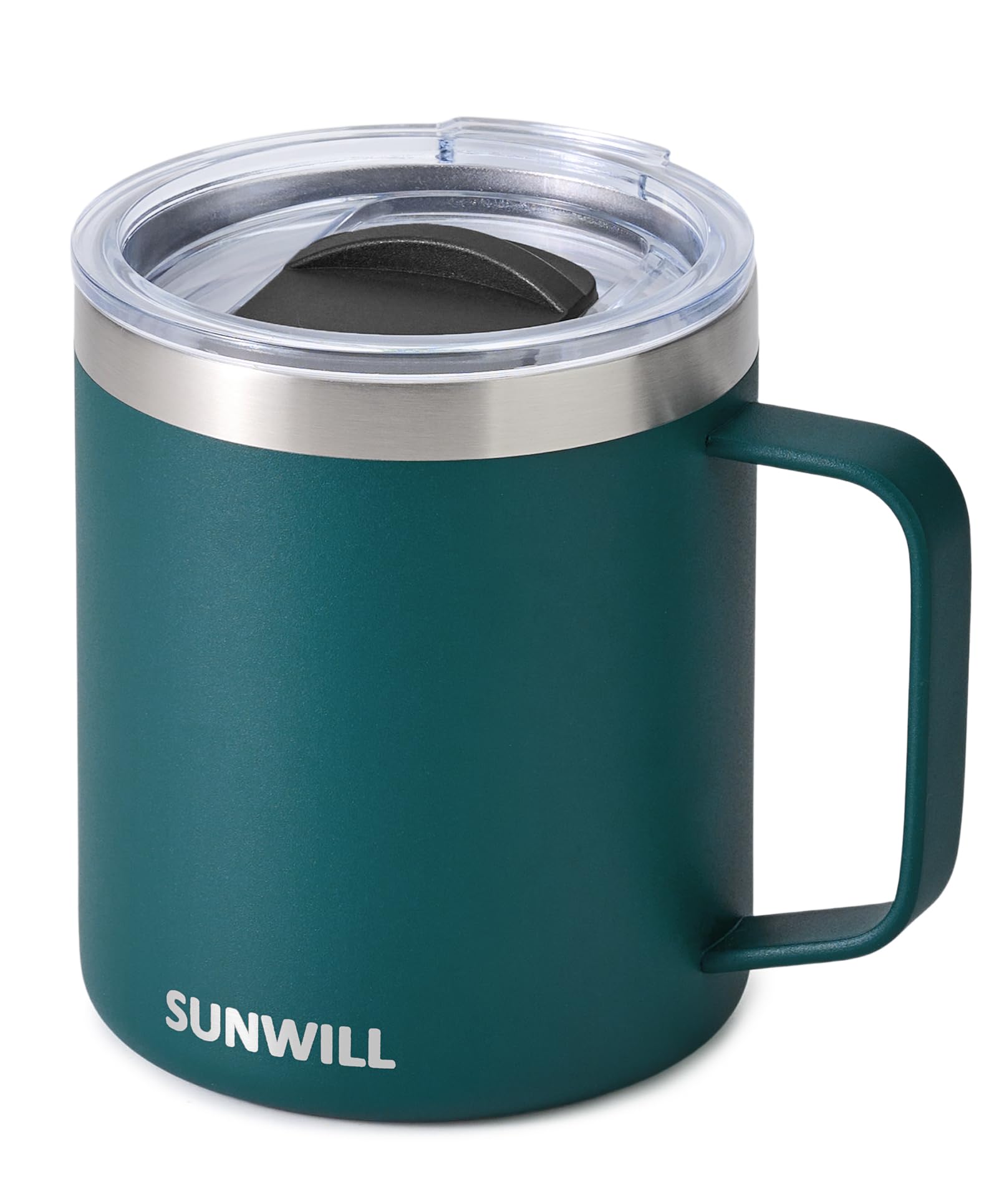 SUNWILL travel mug lid close-up, spill-resistant design for daily commuting.