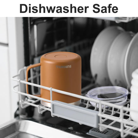 Sunwill travel mug powder-coated finish provides grip and style.