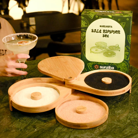Close-up of bamboo margarita set showing precise rims
