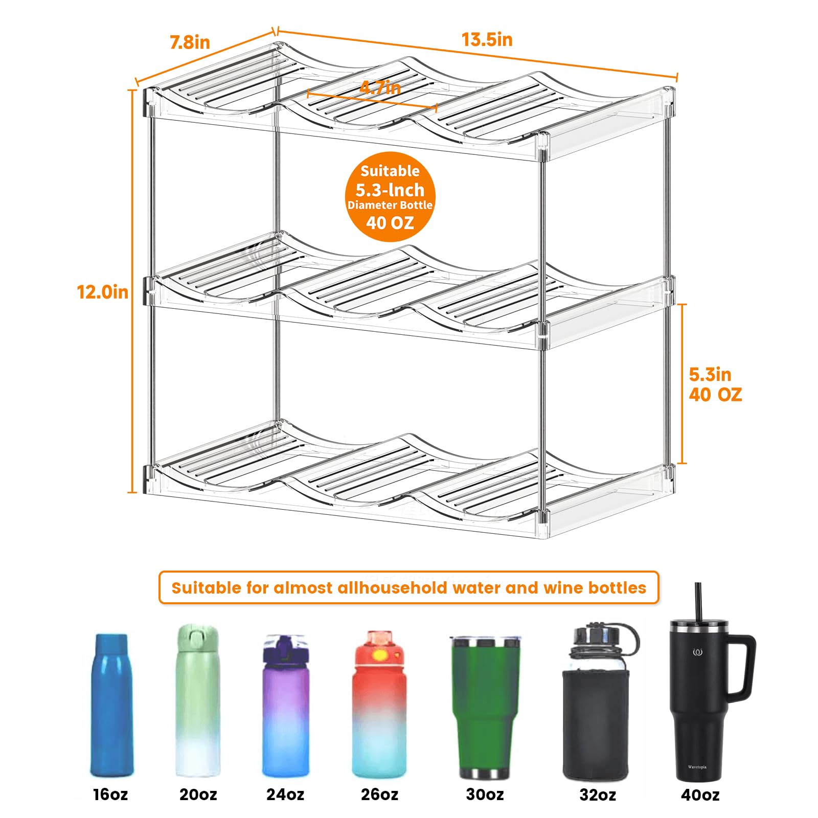 SuoXing 40oz tumbler rack inside cabinet keeps large bottles upright and accessible.