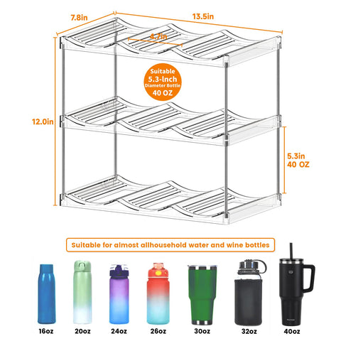 SuoXing 40oz tumbler rack inside cabinet keeps large bottles upright and accessible.