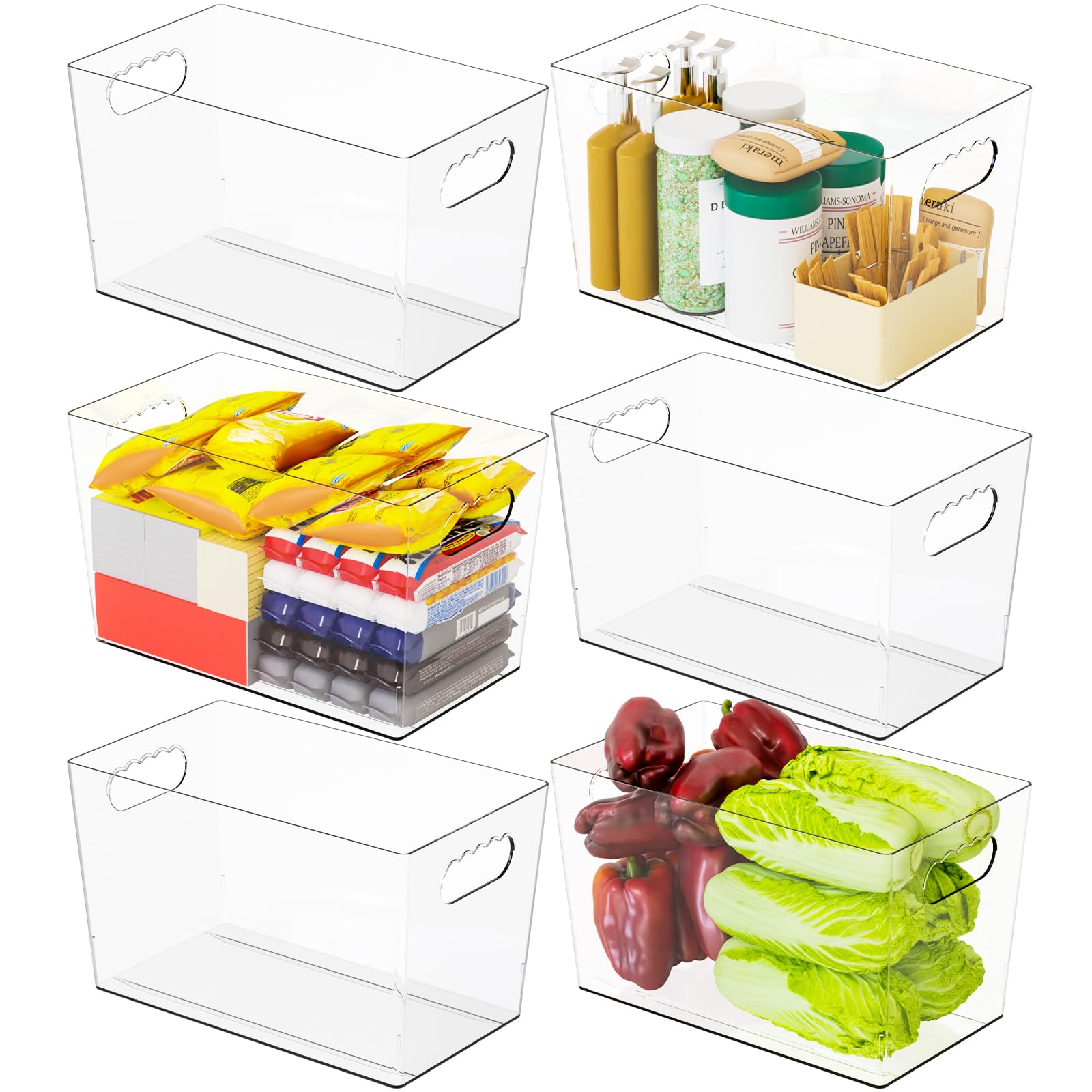 SuoXing 6-pack clear bins with handles for fridge organization.