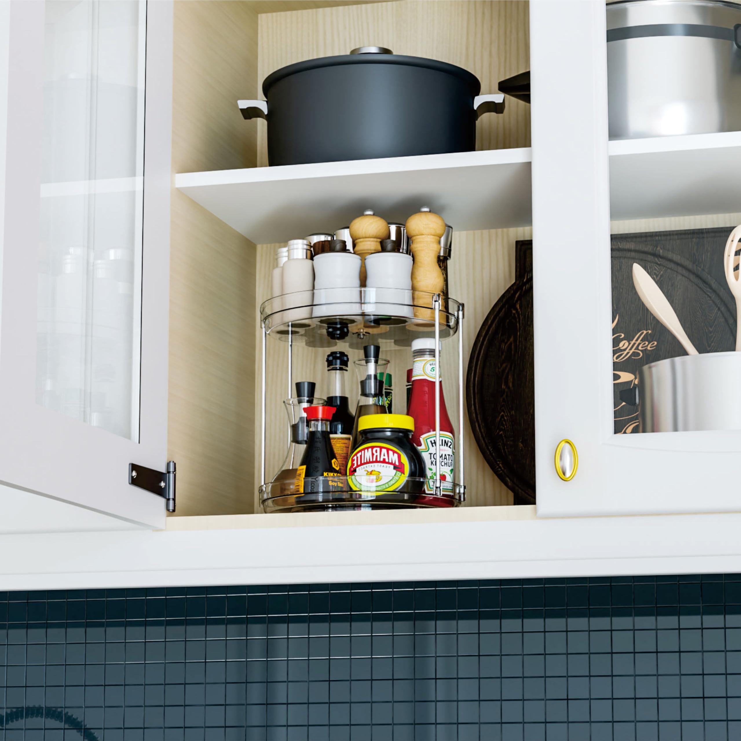 SuoXing lazy Susan on fridge shelf keeps snacks organized.