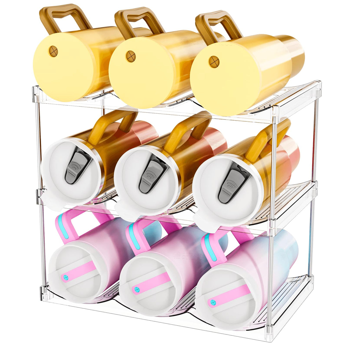 SuoXing stackable bottle organizer in cabinet, three-pack for compact, organized storage.