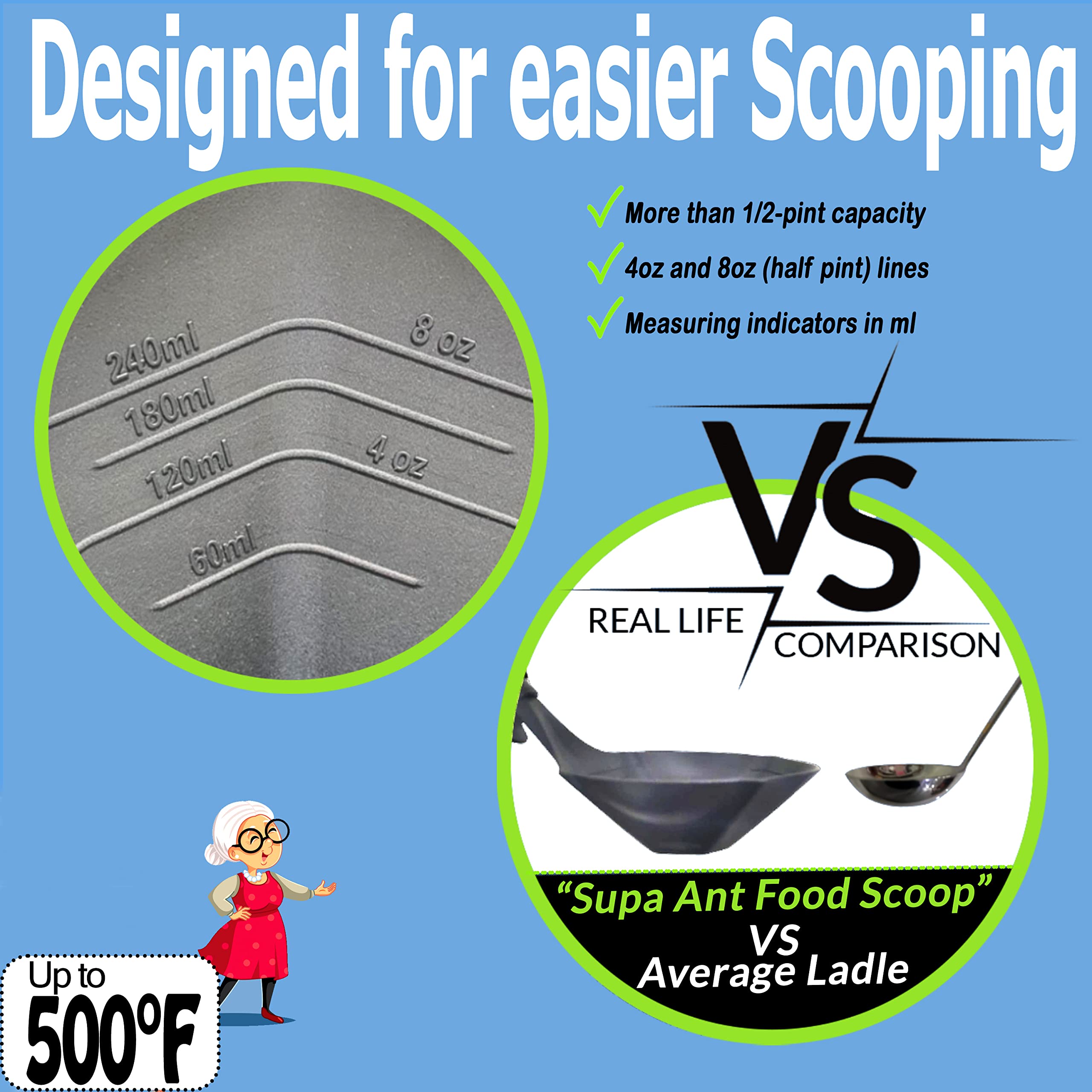 Supa Ant large 8 oz ladle designed for batch cooking and portions.