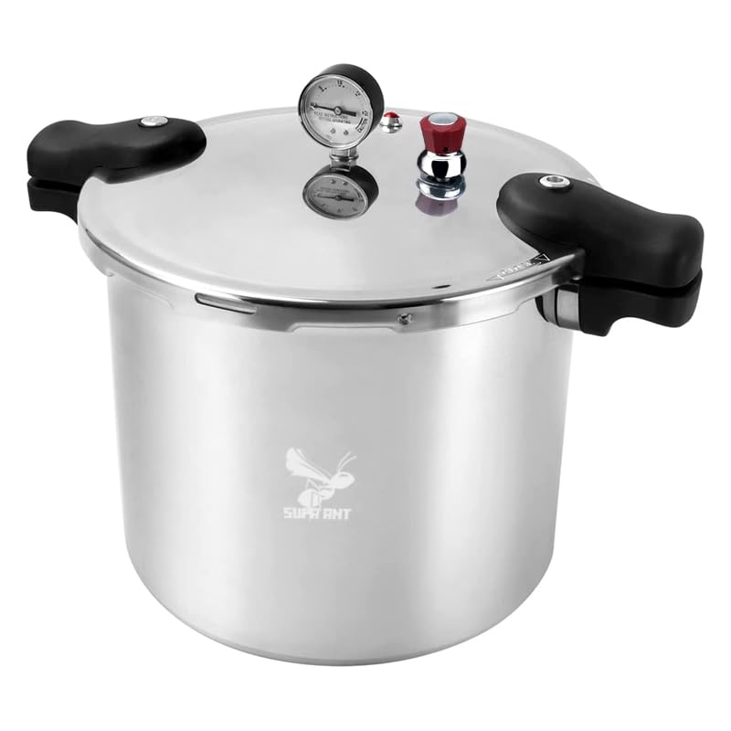 Supa Ant pressure canner 23qt gauge display highlighting precise pressure monitoring during processing.