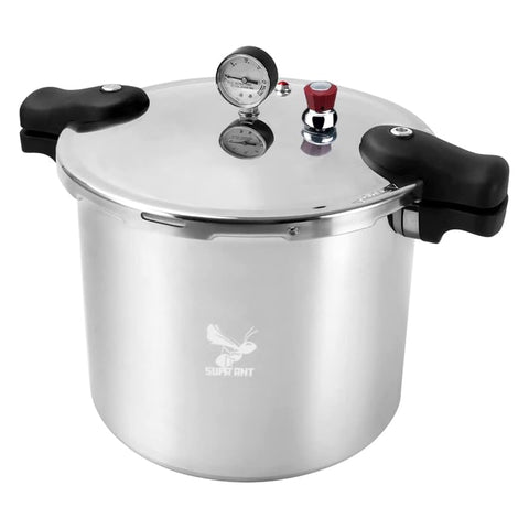Supa Ant pressure canner 23qt gauge display highlighting precise pressure monitoring during processing.