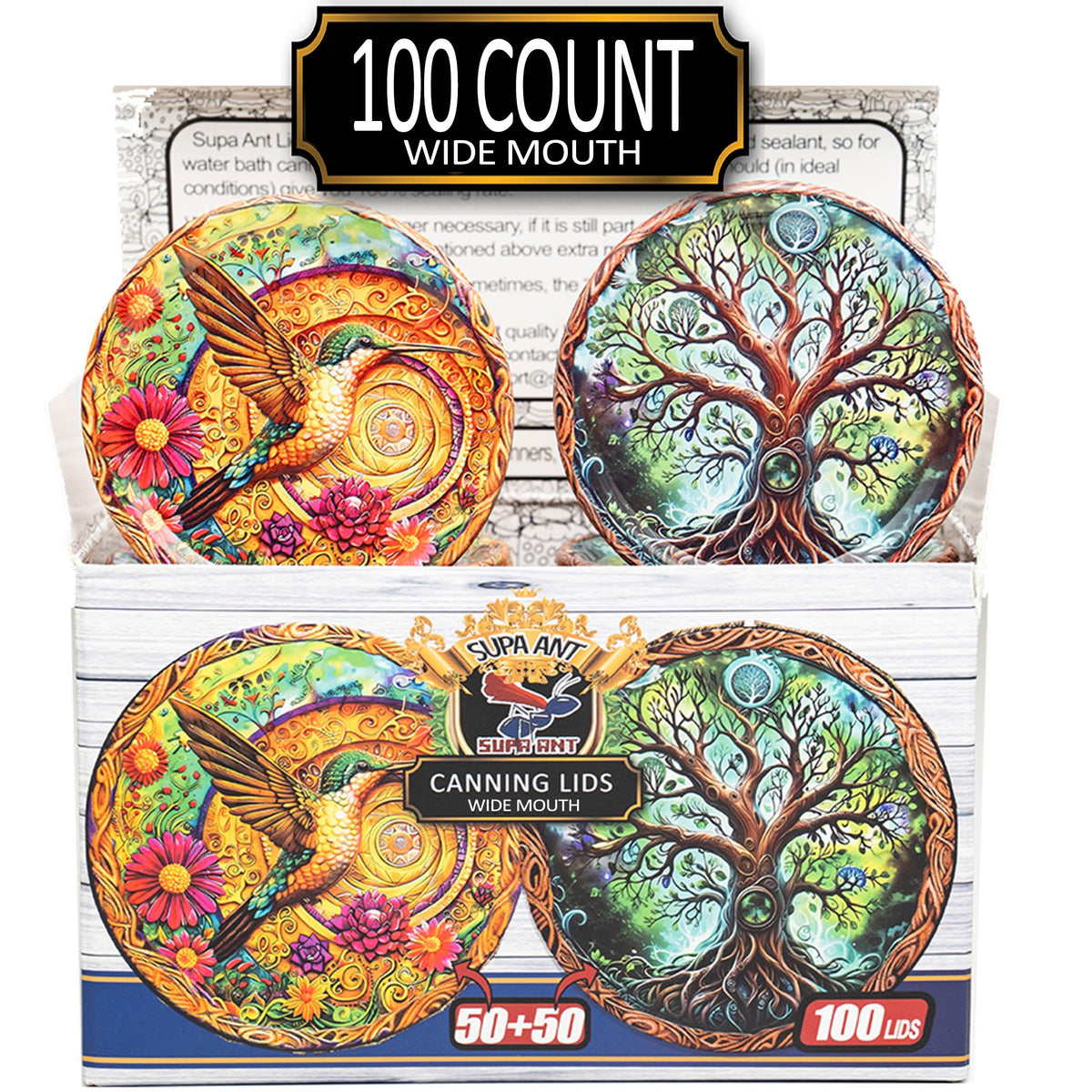 Supa Ant wide-mouth lids with wood frame offer decorative appeal and reliable sealing.