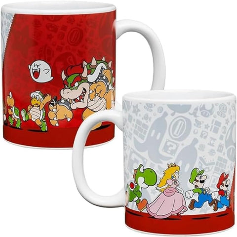 Super Mario Bros licensed mug front design featuring Mario, Luigi, Peach and Yoshi for nostalgia