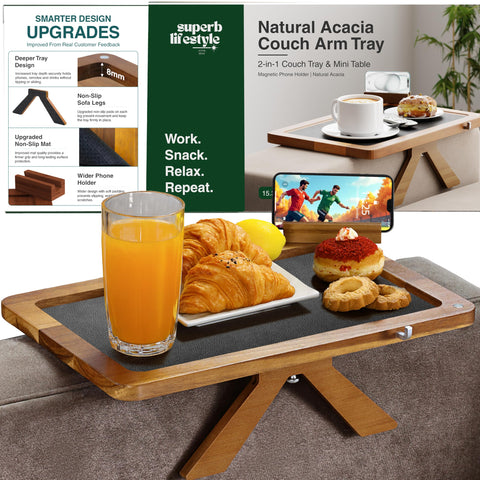 Superb Lifestyle Acacia Couch Arm Tray front view on a sofa arm for snacks