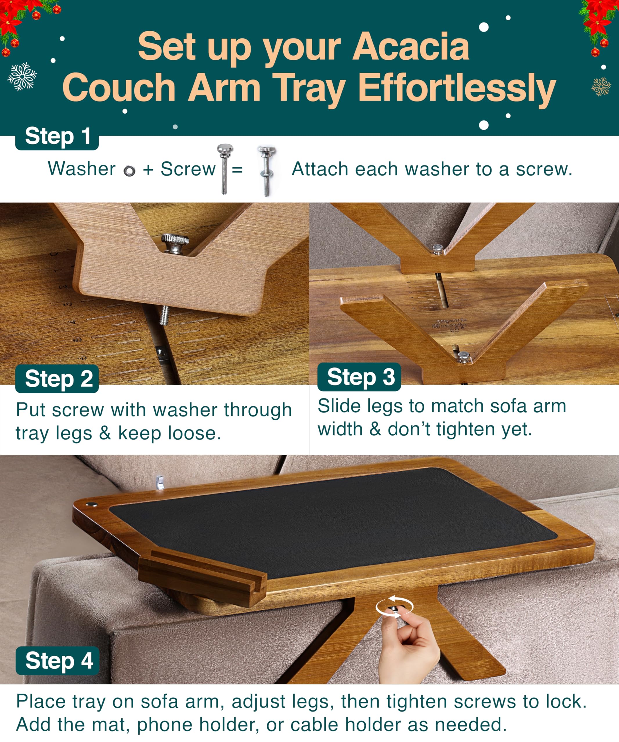 Superb Lifestyle Acacia Couch Arm Tray with non-slip mat protects surfaces