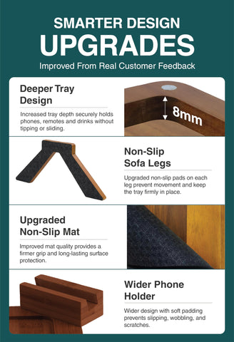 Superb Lifestyle Acacia Couch Arm Tray attached to a sofa arm during work