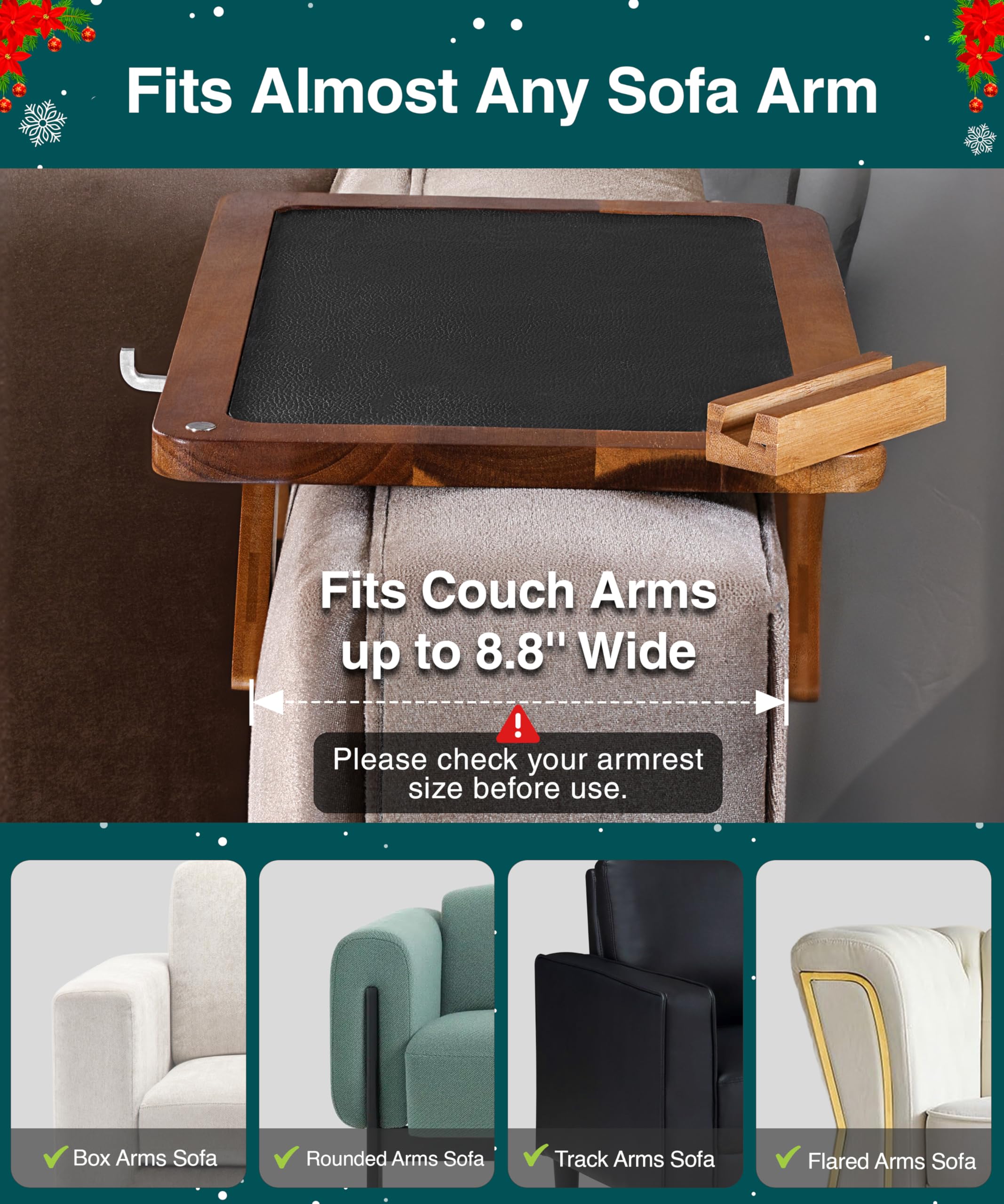 Superb Lifestyle Acacia Couch Arm Tray raised edges prevent spills