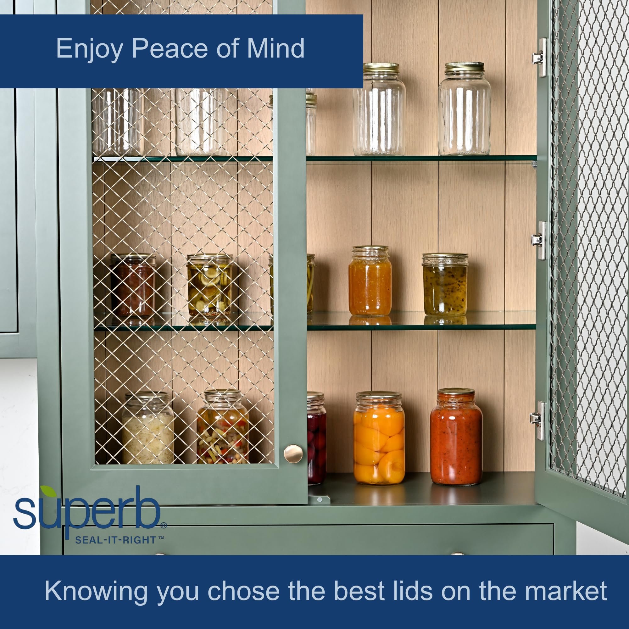 Wide-mouth lid suitable for water bath and pressure canning with Superb Sealing Solutions.