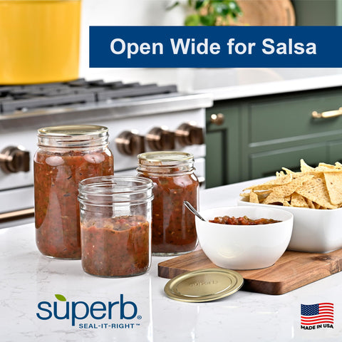 American-made Superb Sealing Solutions lids with various wide-mouth jars for home canning.
