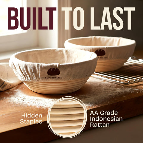 Superbaking Banneton round bread basket liners ensuring clean release and easy cleanup.