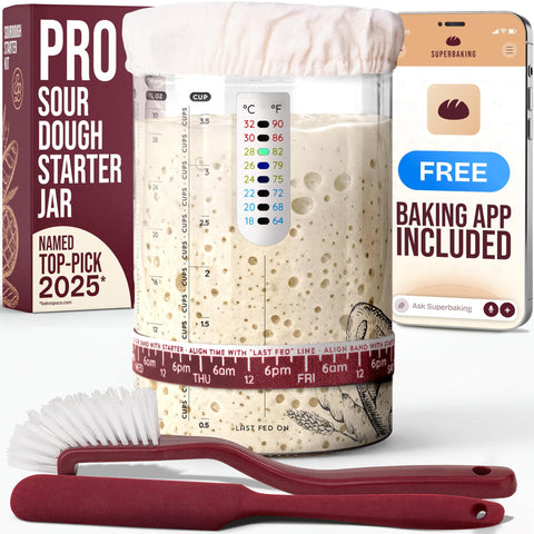 Superbaking sourdough starter jar wide-mouth shown for easy feeding and monitoring