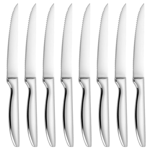 SuperCook 8-piece steak knife set blade close-up showing micro-serrated edge for long-lasting sharpness