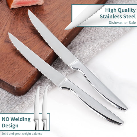 SuperCook micro-serrated edges pictured cutting through steak with minimal effort