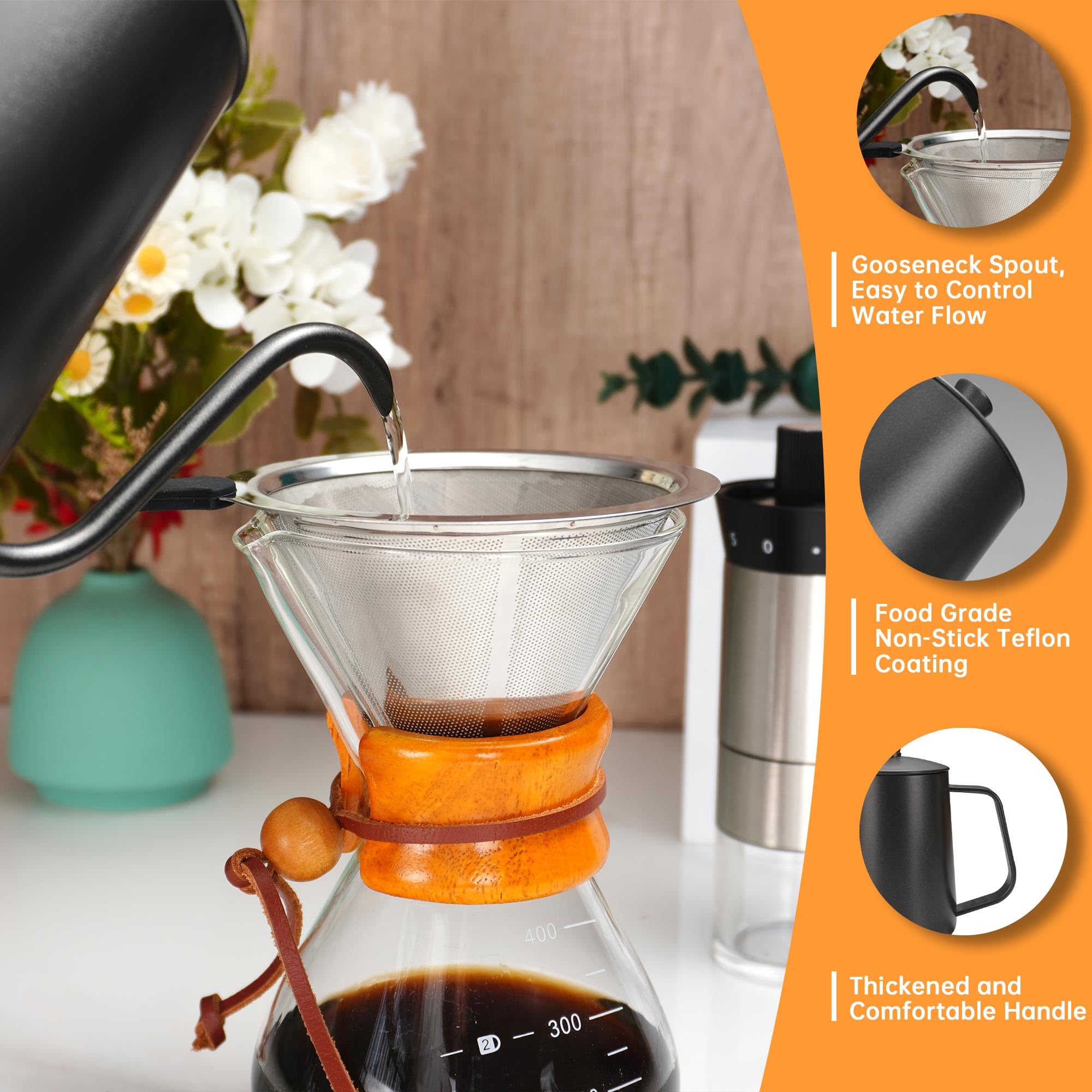 SuperCook pour-over kit manual grinder with adjustable coarseness for custom grind size.