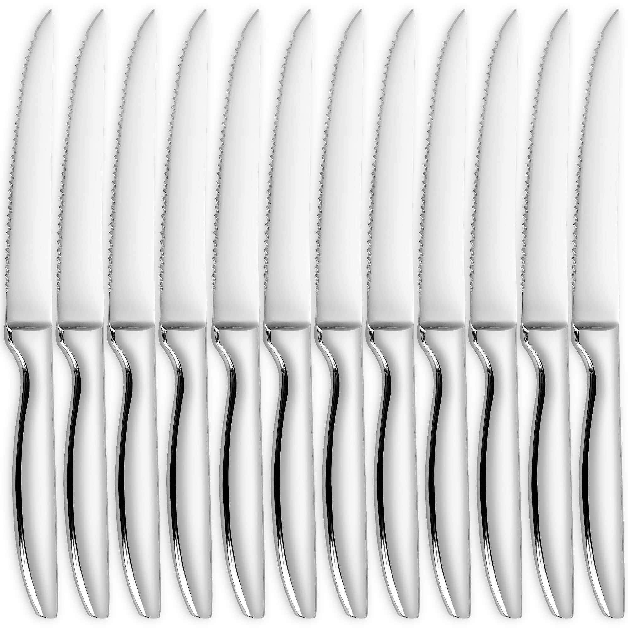 SuperCook steak knives set of 12 in stainless steel on a table for everyday slicing