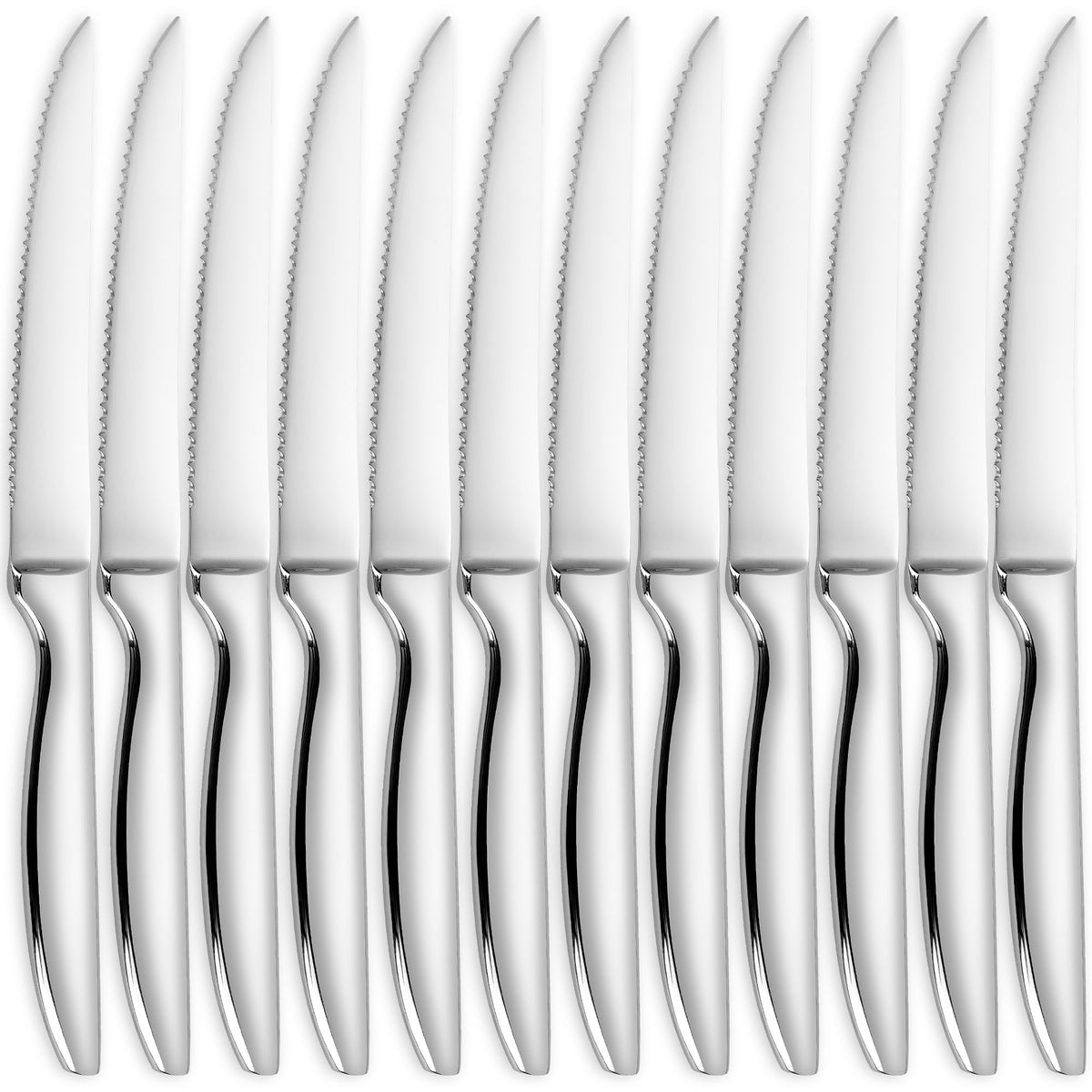SuperCook steak knives set of 12 in stainless steel on a table for everyday slicing