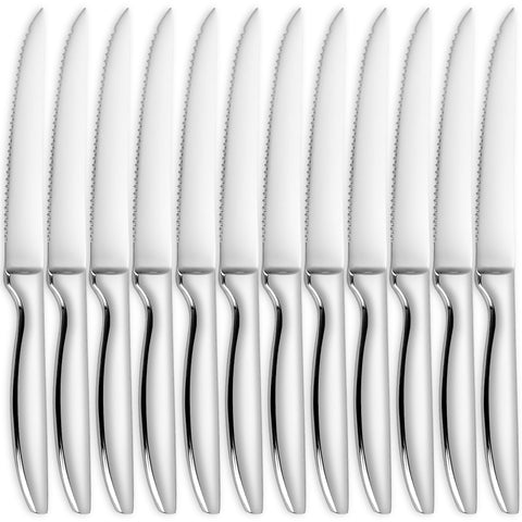 SuperCook steak knives set of 12 in stainless steel on a table for everyday slicing