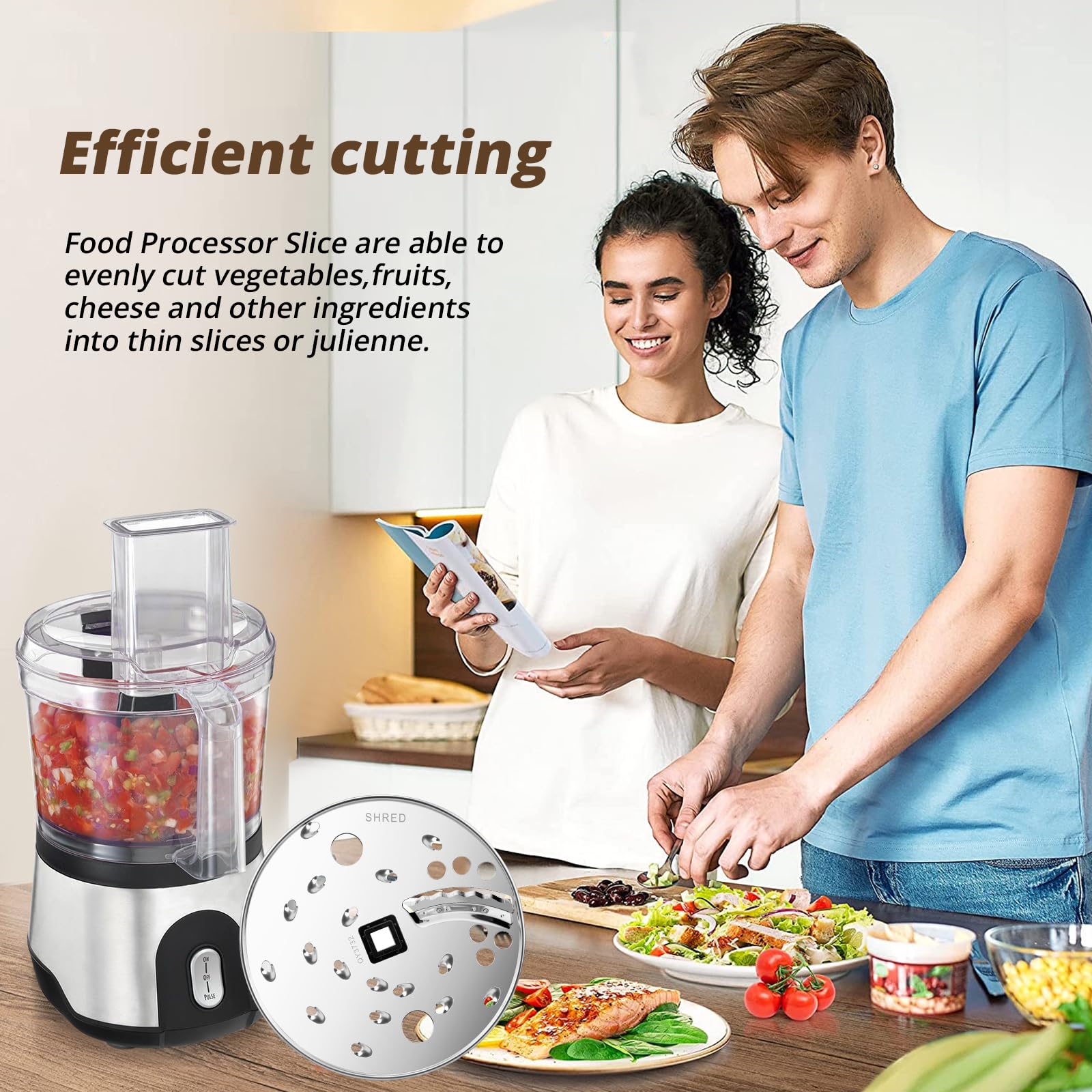 Close-up of the disc in use for rapid, uniform slicing of vegetables and cheese.