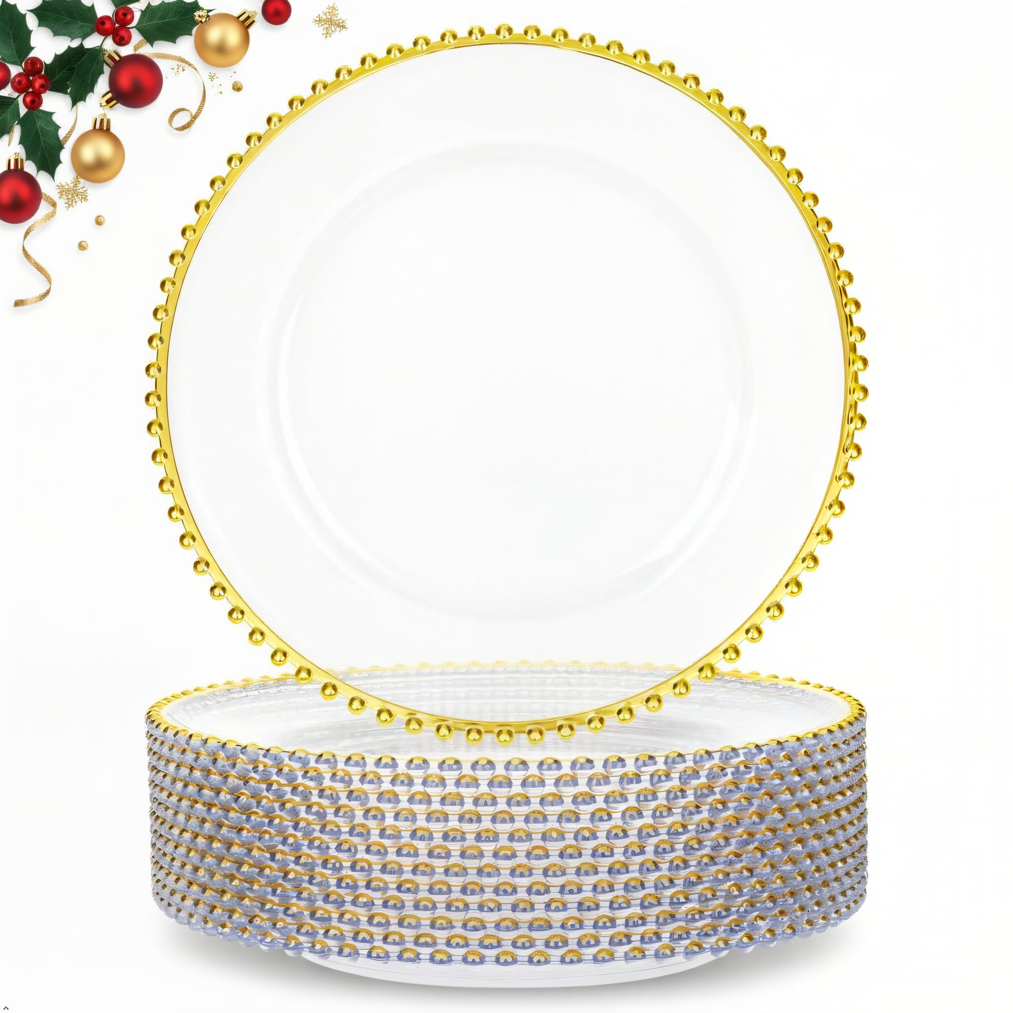 Supernal clear charger plates with gold beaded rim for elegant 13-inch table settings
