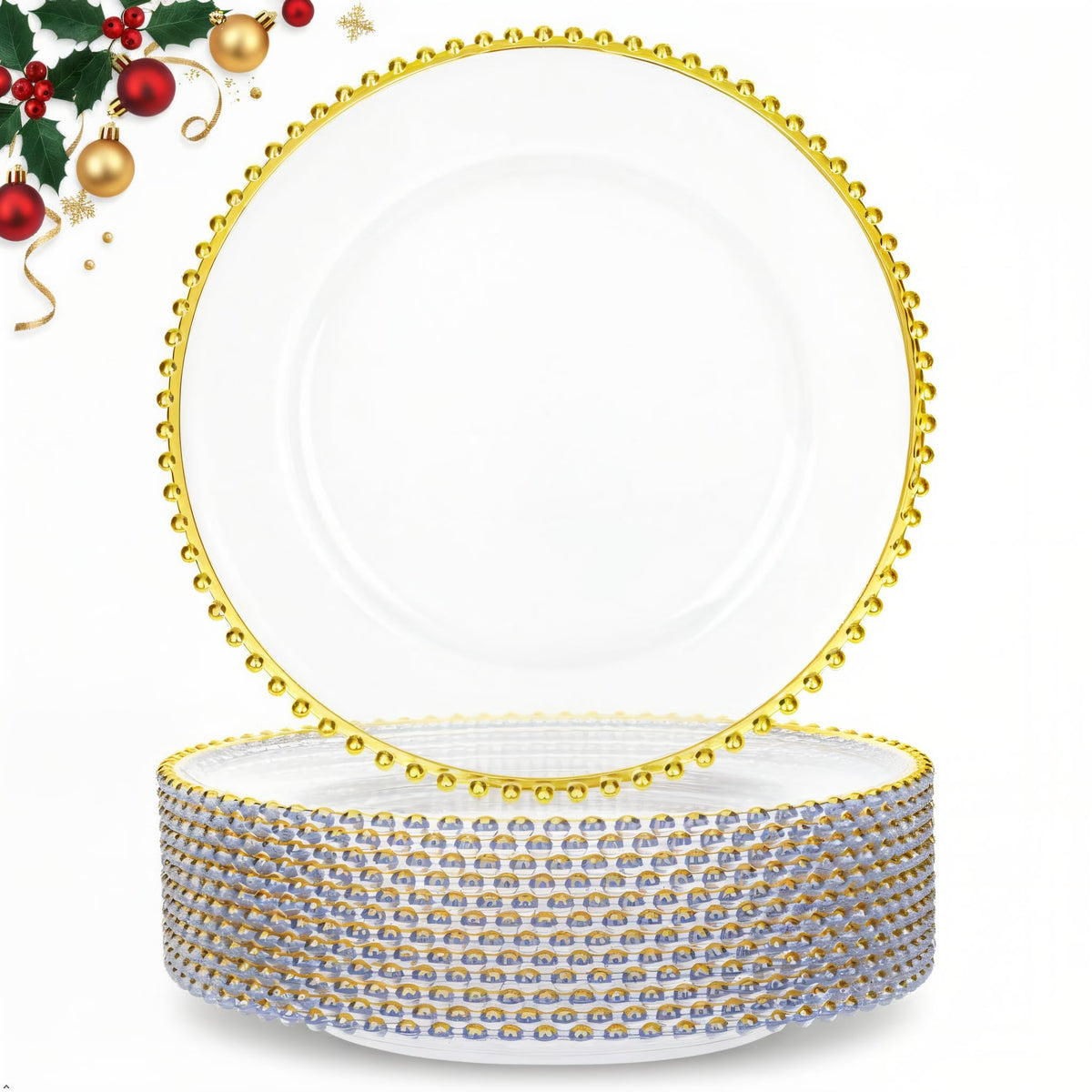 Supernal clear charger plates with gold beaded rim for elegant 13-inch table settings