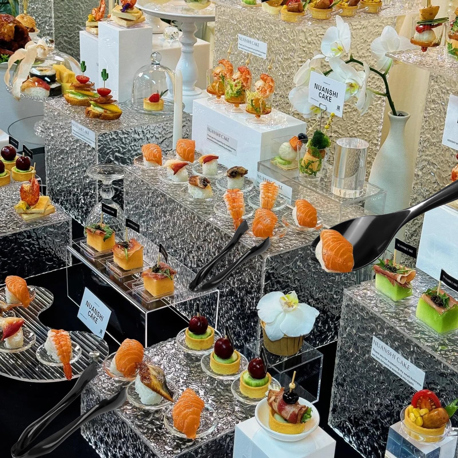 Supernal utensils with smooth, long handles for fatigue-free serving.