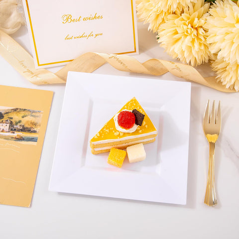 Supernal gold plastic forks 5.7-inch complement white plates for upscale dining.