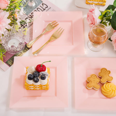 Supernal pink square dinner plates 6-inch on a stylish table.