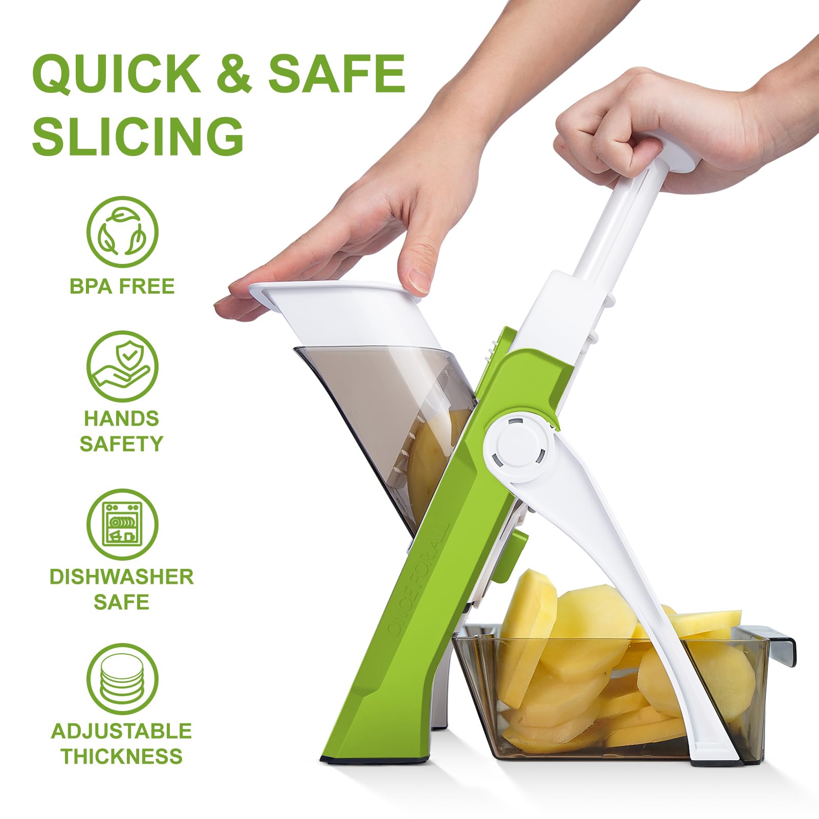 SupMaKin Safe Mandoline Slicer folded for compact storage and easy clean-up.