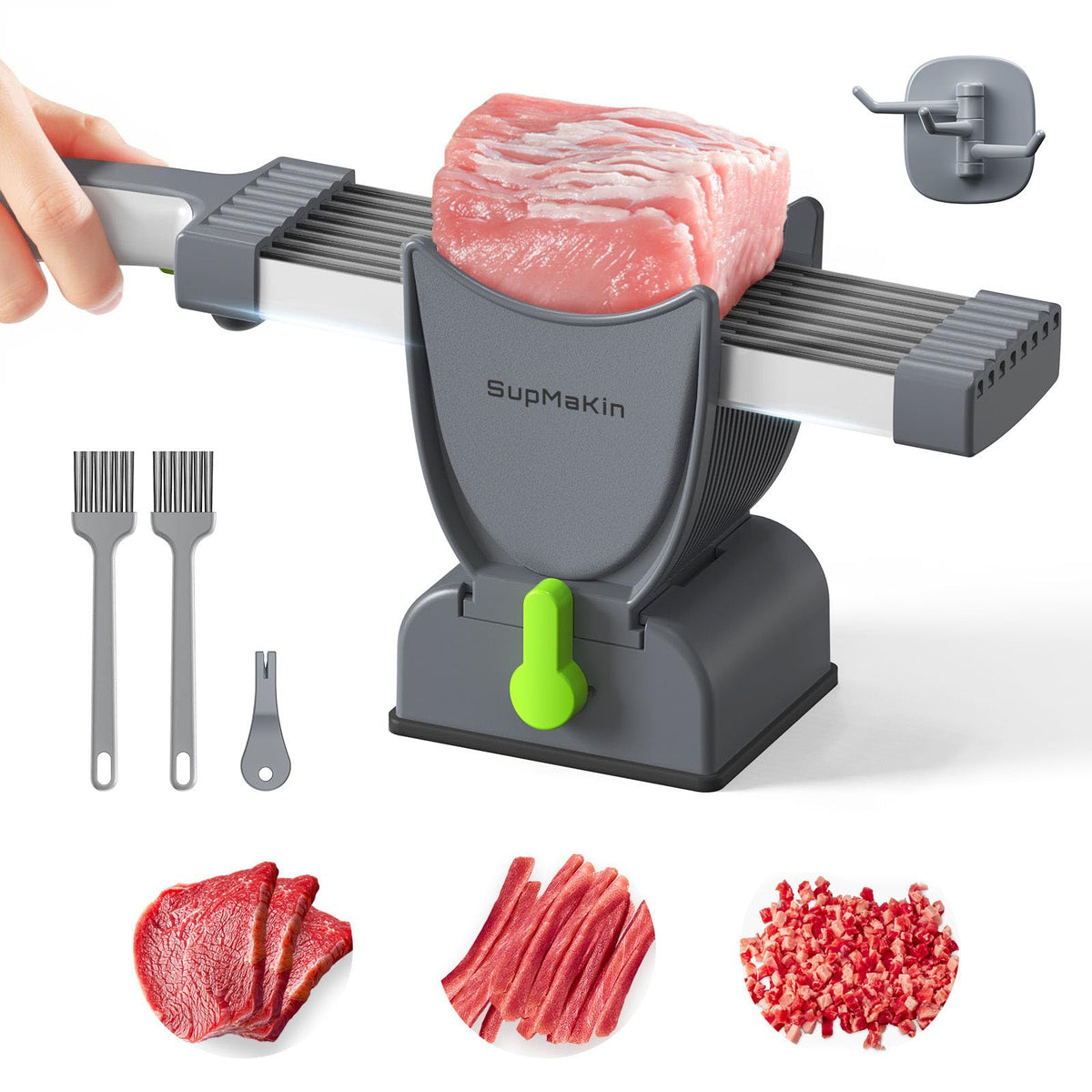 SupMaKin Fresh Meat Slicer demonstrates 18 thin slices in one stroke for consistent portions.