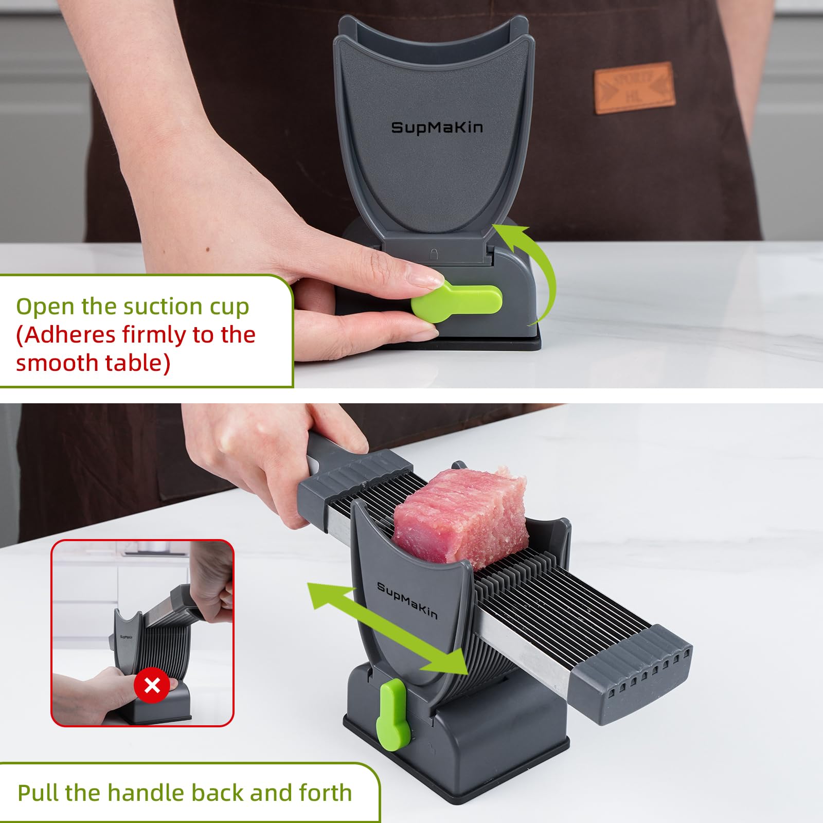SupMaKin Fresh Meat Slicer with stainless steel blades delivers clean, professional-grade slices.